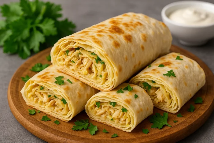Лаваш с курицей и сыром, нарезанный рулетиками