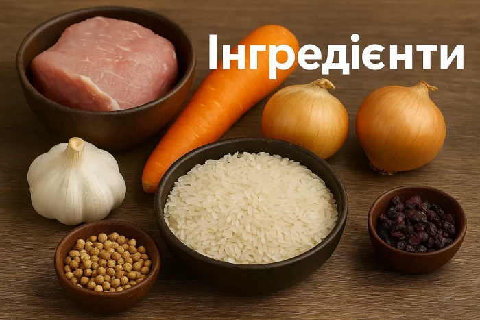 Інгредієнти для узбецького плову — рис, м’ясо, морква, цибуля і спеції