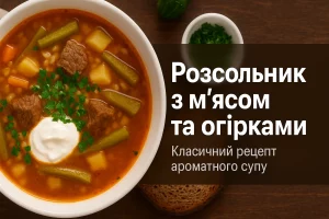 Обкладинка рецепту розсольнику з м’ясом та огірками