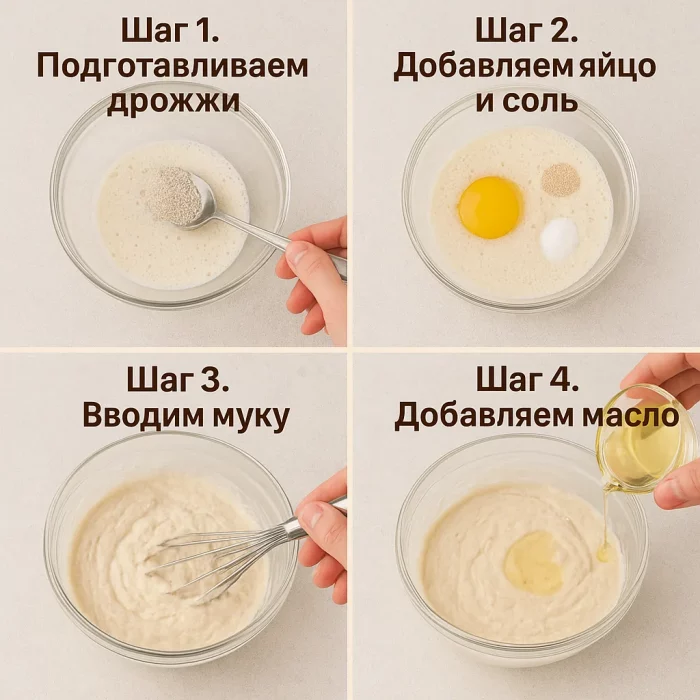 Этапы приготовления дрожжевых оладий