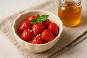 Готовый десерт из клубники с мёдом