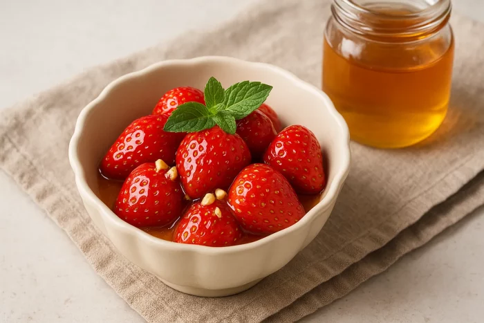 Готовый десерт из клубники с мёдом