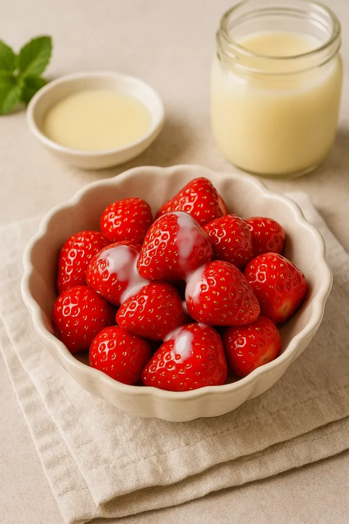 Готовый десерт из клубники со сгущёнкой
