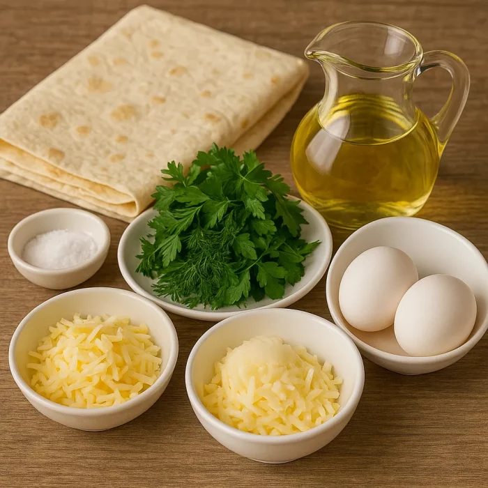 Ингредиенты для лаваша с яйцом, сыром и зеленью