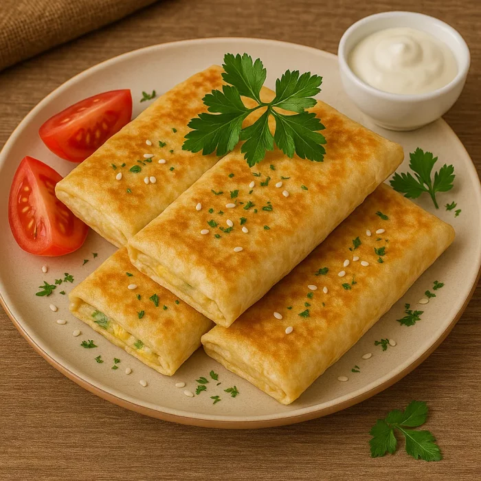 Подача лаваша с яйцом, сыром и зеленью