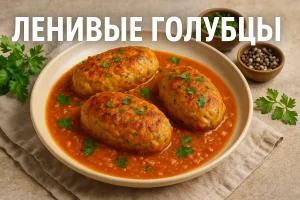 Обложка с надписью ЛЕНИВЫЕ ГОЛУБЦЫ и фото готового блюда