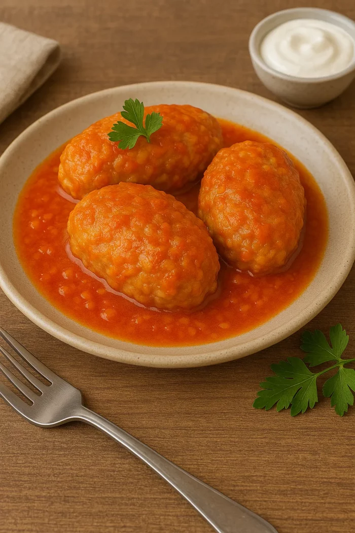 Подача ленивых голубцов с соусом и зеленью