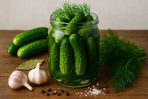 Банка с малосольными огурцами, чесноком и специями