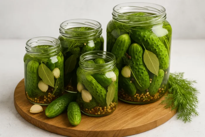 Банки с маринованными огурцами на деревянной доске