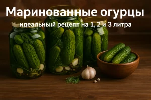Четыре стеклянные банки с маринованными огурцами, чесноком и специями на деревянной круглой доске