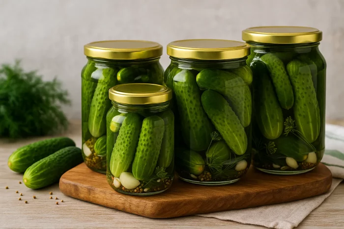 Банки с готовыми маринованными огурцами на фоне кухни