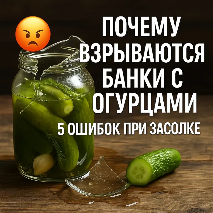 Взорванная банка с огурцами и текст о причинах взрыва