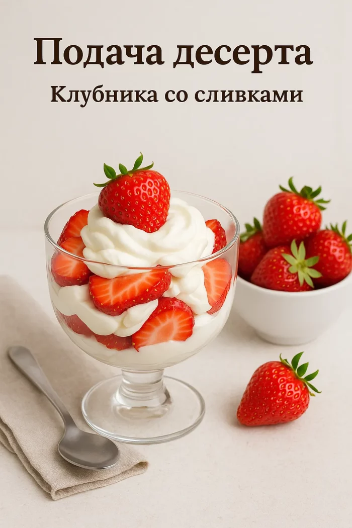 Подача клубники со сливками в бокале