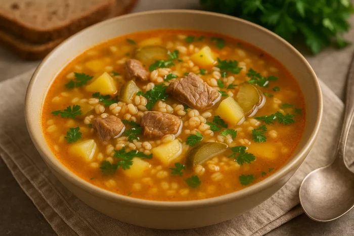 Розсольник з м’ясом, перловкою та картоплею в тарілці