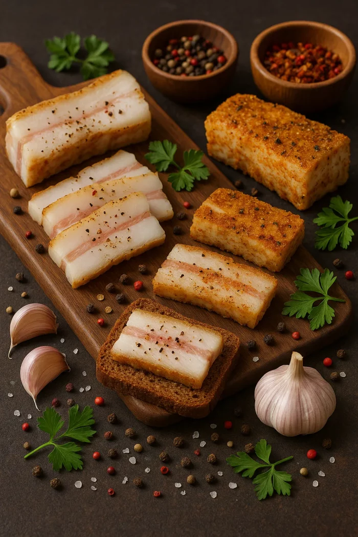 Подача сала с хлебом, чесноком и специями