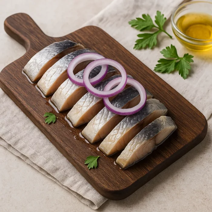 Нарезанная домашняя селёдка с луком
