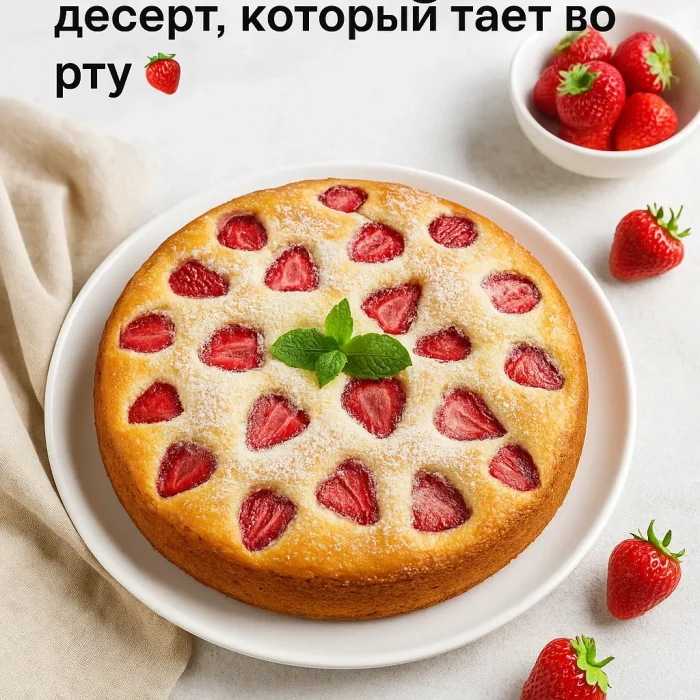 Шарлотка с клубникой на белой тарелке