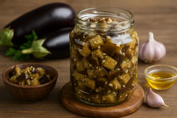Банка с маринованными баклажанами как грибы