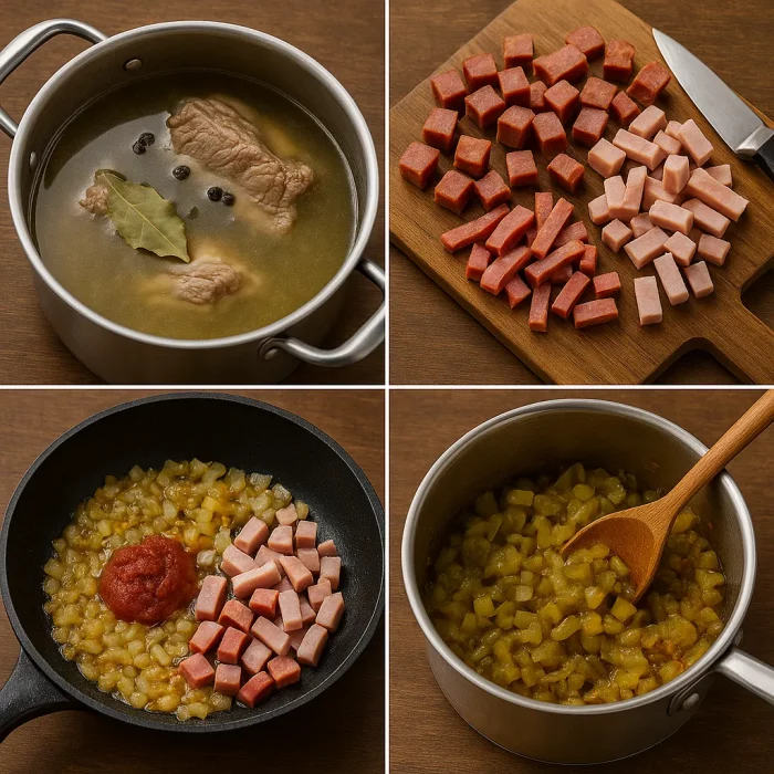 Процес приготування солянки — варіння, нарізка, смаження