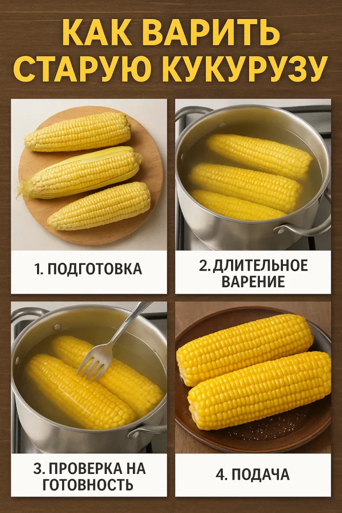 Этапы варки старой кукурузы: подготовка, варка, проверка, подача