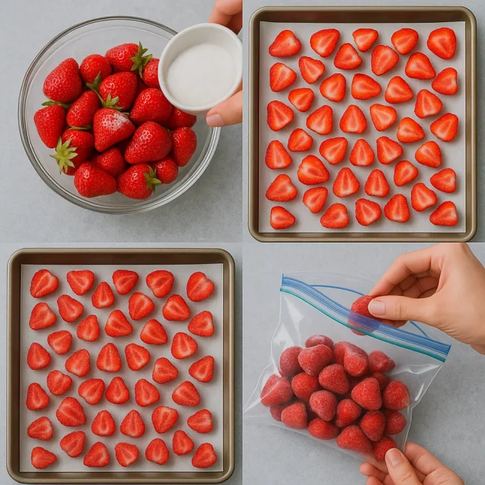 Коллаж из 4 шагов по заморозке клубники