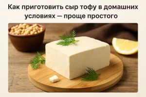 Домашний сыр тофу на деревянной доске с укропом