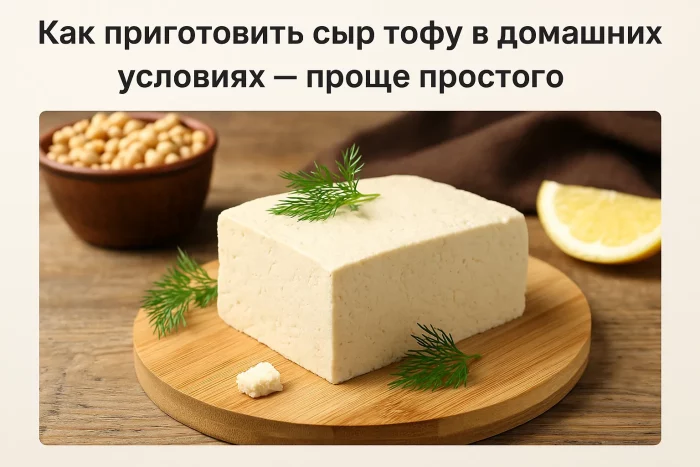 Домашний сыр тофу на деревянной доске с укропом