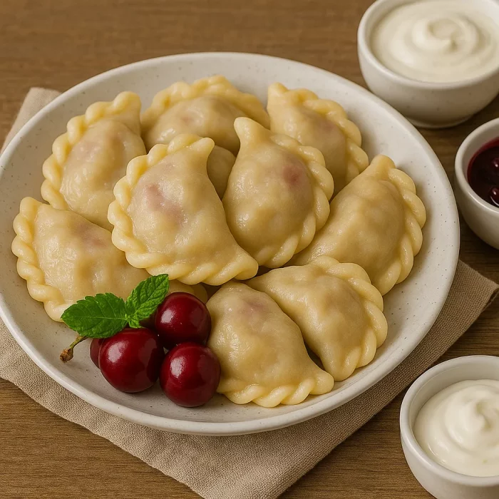 Вареники с вишней с мятой, сметаной и вишнёвым соусом