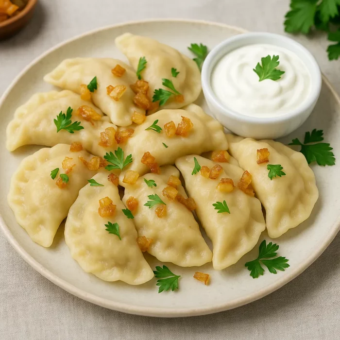 Вареники з картоплею і печінкою зі сметаною та смаженою цибулею