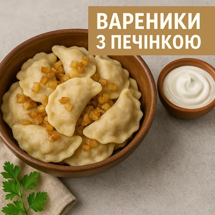 Подача вареників з печінкою з обсмаженою цибулею