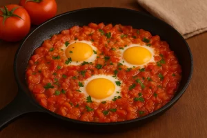 Смачна домашня яєчня з помідорами у сковороді
