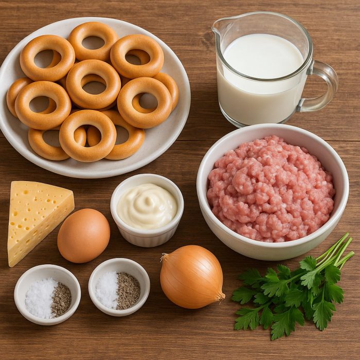 Інгредієнти для бубликів з фаршем: фарш, сир, яйце, молоко
