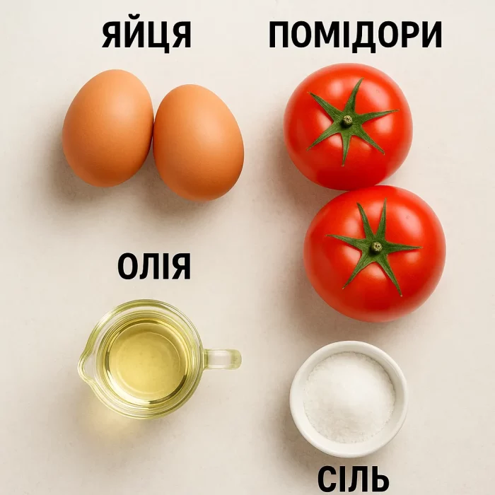 Яйця, помідори, олія та сіль на світлому фоні