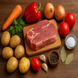 Складники для шурпи: м’ясо, картопля, морква, перець, томати