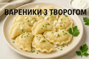 Вареники з сиром на тарілці, зверху текст "ВАРЕНИКИ З ТВРОГОМ"