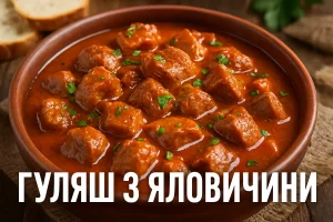 Гуляш з яловичини у тарілці — обкладинка рецепту