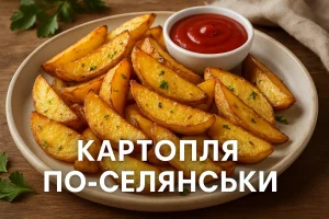Картопля по-селянськи з кетчупом та написом