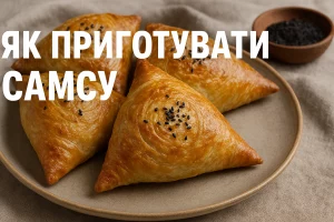 Обкладинка рецепта самси з написом “Як приготувати самсу”