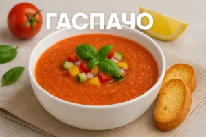 Гаспачо в тарілці з написом «Гаспачо»