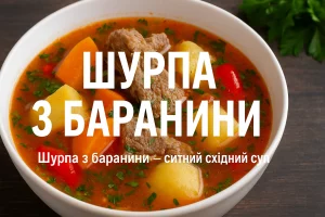 Напис «ШУРПА З БАРАНИНИ» на фоні тарілки з супом