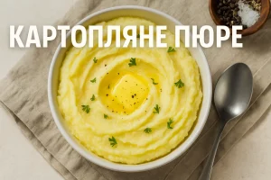 Картопляне пюре у мисці з написом зверху