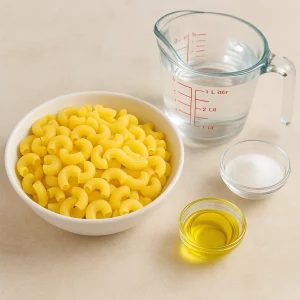 Інгредієнти для варіння макаронів: паста, вода, сіль, олія