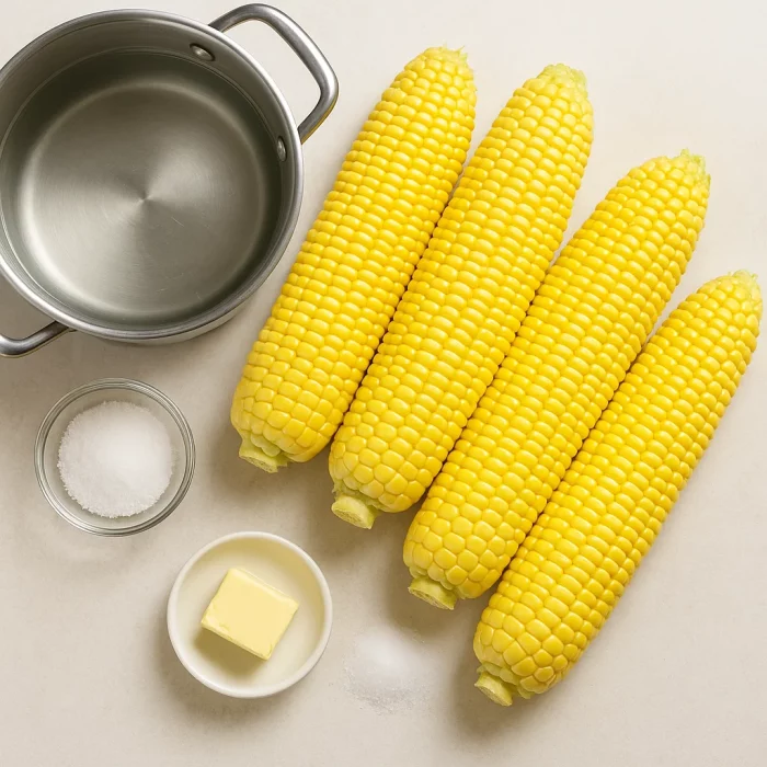 Інгредієнти для варіння кукурудзи — качани, каструля, сіль, масло