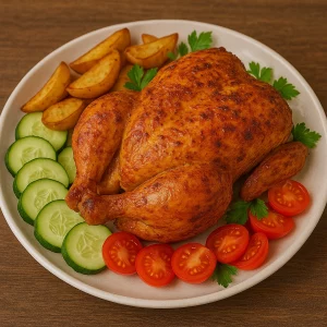 Подача запеченої курки з овочами та гарніром