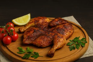 Курча тапака, подане зі свіжими овочами та зеленню