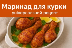 Курячі ніжки в маринаді з написом “Маринад для курки — універсальний рецепт”