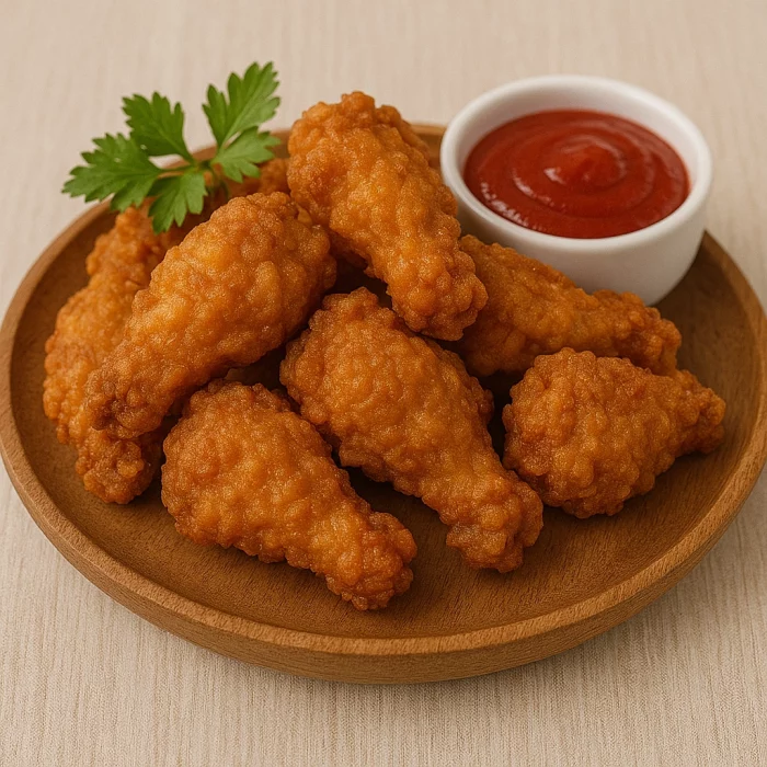 Готові крильця як у KFC на дерев’яній тарілці з соусом