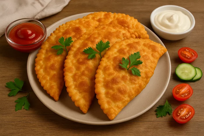 Подача чебуреків з м’ясом і сиром з соусами та овочами