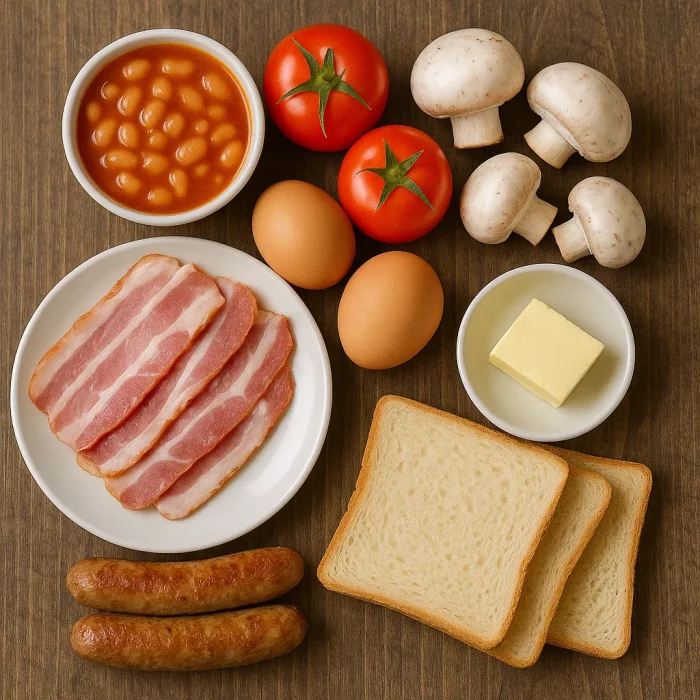 Продукти для приготування англійського сніданку на столі