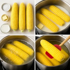 Варіння кукурудзи з червоною лопаткою в каструлі